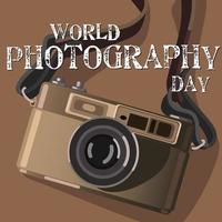 World Photographer's Day. Retro camera on beige background. A holiday in a theme with a text. A camera on a strap. Printing on paper and textiles. Greeting cards for the holiday vector