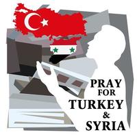 Earthquake in Turkey and Syria. Pray for Turkey and Syria. The central fault line. Help Turkey and Syria. A banner with destroyed buildings and a praying man. Prayer for every life vector