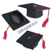 colección de académico sombreros en diferente anglos. alto colegio o Universidad graduación. clase 2023 en negro y rojo. un conjunto de graduación sombreros en diferente anglos. graduados de 2023. vector