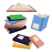 pilas de libros a leer, un manojo de libros de texto a estudiar. un conjunto de literatura, diccionarios, enciclopedias, planificadores color plano vector ilustración aislado en un blanco antecedentes