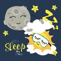 Illustration of the vector design of the World Sleep Day. Moon, sun, clouds on the background of the sky with the inscription. Children's illustration. Printing on paper and textiles. Postcard, banner