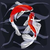 Orange koi fish on a blue background with waves. Asian background, background design with abstract pattern in oriental Japanese style with koi fish. Carp swim in the water. Banner, flyer vector