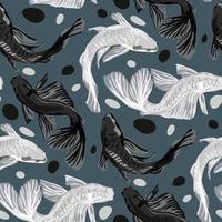 A pattern of white and black koi fish on a blue background with bubbles. Asian background, background design with abstract pattern in oriental Japanese style with koi fish. Carp swim in the water. vector