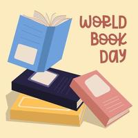 World Book Day. A stack of colorful books with text and an open book on a light background. Illustration of the vector of education. A postcard, a banner, a flyer for the book day. Printing on paper