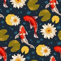 Pattern of orange koi fish, lilies, leaves on a blue background with bubbles. Asian background, background design with abstract  in oriental Japanese style with koi fish. Carp swims in the water vector