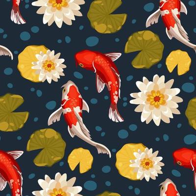 Pattern of orange koi fish, lilies, leaves on a blue background with bubbles. Asian background, background design with abstract  in oriental Japanese style with koi fish. Carp swims in the water
