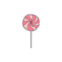 One continuous line drawing of sweet delicious swirly online lollipop candy shop logo emblem. Assorted confectionery store logotype template concept. Modern single line draw design vector illustration