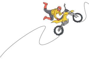 un dibujo de una sola línea de un joven piloto de motocross hace un peligroso truco de estilo libre en la ilustración del vector de pista. concepto de deporte extremo. diseño moderno de dibujo de línea continua para banner de evento de carrera de motocross