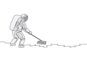 One continuous line drawing of spaceman leveling and flattening land using metal rake in moon surface. Deep space farming astronaut concept. Dynamic single line draw design vector illustration graphic