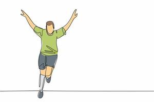 Single continuous line drawing of young sporty soccer player running around the field while spreading his arms on field. Match soccer goal celebration concept one line draw design vector illustration