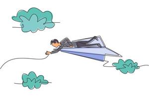 Single one line drawing of young smart business man lay down on flying paper airplane to reach sky. Business metaphor concept. Modern continuous line draw. Minimal design graphic vector illustration