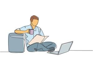 One continuous single line drawing of young happy marketing manager leaning his body to sofa ottoman while reading annual report on tablet. Drinking coffee or tea concept design vector illustration