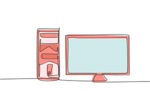 Single continuous line drawing of cpu computer and screen monitor. Electronic business company tools concept. Modern one line draw design graphic vector illustration