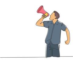 Single continuous line drawing of young eagerness businessman shouting loudly using megaphone to train his speak. Public speaking practice concept one line draw design vector graphic illustration