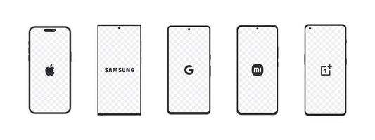 vinnitsa, Ucrania - febrero 20, 2023, parte superior teléfonos inteligentes 2023. manzana, Samsung, Google, xiaomi, oneplus nuevo teléfono maquetas vector ilustración