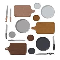 Natural set of different wooden cutting board, ceramic plates and kitchen knives on white background. Isolated flat vector illistration in natural colors. Top view. Vector flat stickers