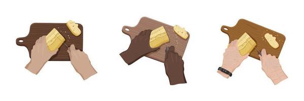 Diverse hands cutting crispy wheat bread on wooden cutting board. Process of cooking. Top view. Vector isolated illustartin set