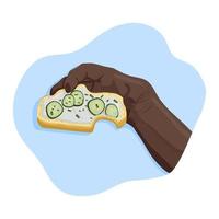 Right hand of black man and bitten off healthy vegan sandwich with cucumber and spring onion on wheat bread. Personal point of view. Eating. Vector flat isolated concept.