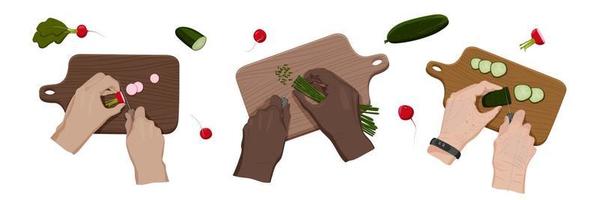 Diverse people cutting radishes, cucumbers and spring onion on wooden cutting boards together. Process of cooking. Top view. Vector isolated concept