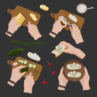 Old woman hands cutting bread, spreading cream chese, cutting cucumber and kepping healthy vegan sandwich on dark background. Process of cooking. Top view. Vector isolated flat pictures set
