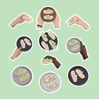 Stickerpack of young, old and black hands with healthy vegetarian sandwiches with vegetables. Vector flat isolated illustration. Colorful stickers with healthy food