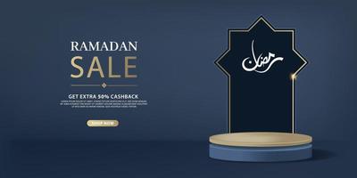 3d Luxury Islamic platform with gold dark. Horizontal Islamic podium Banner for product display. vector