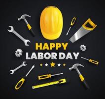 contento labor día con amarillo casco y herramientas vector