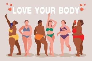 I love my body. Body positive, plus size girl, overweight woman stretching. For Fat acceptance movement, curvy girl in swimwear, bathing suits. Vector illustration.