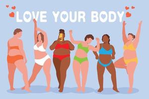 I love my body. Body positive, plus size girl, overweight woman stretching. For Fat acceptance movement, curvy girl in swimwear, bathing suits. Vector illustration.