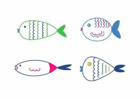 Doodle hand drawn different fishes. Cartoon style. Colorful lines. Isolated on white background. vector