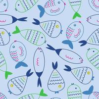 Doodle hand drawn different fishes on seamless background. Cartoon style. Colorful lines. Pattern. Light blue background. Wrapping paper, print, textile, fabric. vector