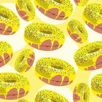 Vector donuts with yellow chocolate or glaze. Seamless pattern. Donut icons. Sweet desserts. Fast food. Food objects icons isolated. Glazed round cakes. Print, textile, fabric, wrapping paper. Pattern