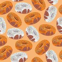 Vector donuts with orange, white chocolate or glaze. Seamless pattern. Donut icons. Sweet desserts. Fast food objects icons isolated. Glazed round cakes. Print, textile, fabric, wrapping paper.