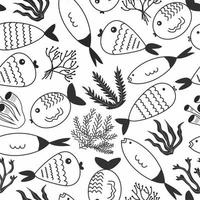 Doodle hand drawn different fishes and seaweeds on seamless background. Cartoon style. Monochrome lines. Pattern. White background. Wrapping paper, print, textile, fabric. vector