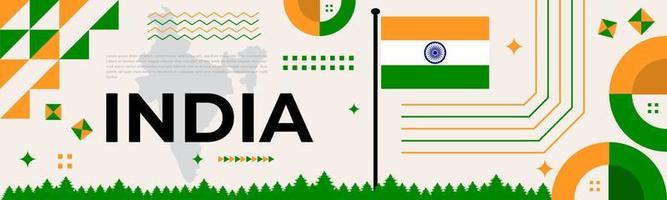 India nacional día bandera con mapa, bandera colores tema antecedentes y geométrico resumen retro verde blanco naranja verde diseño. indio independencia día tema. blanco antecedentes vector ilustración