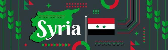 Syria national day banner with map, red, white, black,green flag color theme background and abstract geometric design. Syrian independence day theme. black background Vector illustration