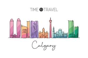 Single continuous line drawing of Calgary city skyline, Canada. Famous city scraper landscape home wall decor poster. World travel destination concept. Modern one line draw design vector illustration