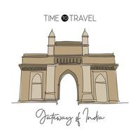 One continuous line drawing Gateway of India landmark. Monument in Mumbai India. Holiday tour and travel home wall decor art poster print concept. Modern single line draw design vector illustration