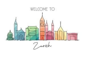 One continuous line drawing of Zurich city skyline, Switzerland. Beautiful skyscraper. World landscape tourism travel home wall decor poster print. Stylish single line draw design vector illustration