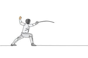 Single continuous line drawing of young professional fencer athlete woman in fencing mask and rapier. Competitive fighting sport competition concept. Trendy one line draw design vector illustration