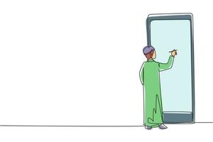 dibujo de una línea continua Paciente árabe que recibe prescripción de la doctora hijab en el teléfono inteligente. concepto de servicios médicos en línea. Ilustración gráfica de vector de diseño de dibujo de una sola línea