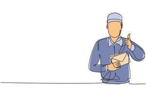 Un solo dibujo de una línea del cartero con sombrero y uniforme con un gesto de pulgar hacia arriba sostiene el sobre para trabajar y entregarlo a los hogares. Ilustración de vector gráfico de diseño de dibujo de línea continua moderna.