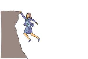 Continuous one line drawing of young female worker struggling and holding edge of cliff. Success business challenge minimalist concept. Trendy single line draw design vector graphic illustration