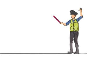 Single one line drawing of a policeman in full uniform and using a short stick is controlling the vehicle on a busy highway. A life in the city. Continuous line draw design graphic vector illustration