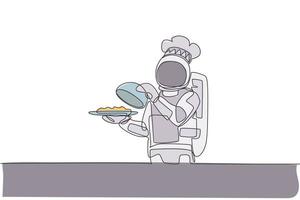 Single continuous line drawing astronaut chef serving delicious food while opening metal food cloche tray. Healthy restaurant cuisine concept. Trendy one line graphic draw design vector illustration