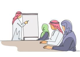 un dibujo de una sola línea del joven fundador musulmán feliz de una startup explicando las reglas de oro de la empresa. tela de arabia saudita kandora, pañuelo en la cabeza, thobe, ghutra. Ilustración de vector de diseño de dibujo de línea continua