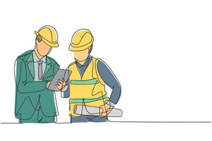 One single line drawing of young construction manager do short brief to builder coordinator. Building architecture business concept. Continuous line draw design vector graphic illustration