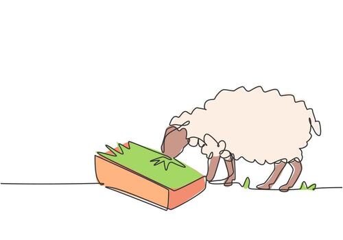 Single one line drawing of the sheep are being fed to be healthy and produce the best milk and meat. Farming challenge minimal concept. Modern continuous line draw design graphic vector illustration.