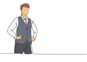 Single one line drawing of young male flight attendant wearing uniform neatly. Professional work profession and occupation minimal concept. Continuous line draw design graphic vector illustration