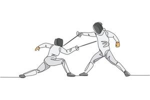 One single line drawing of two young men fencer athlete in fencing costume exercise motion on sport arena vector illustration. Combative and fighting sport concept. Modern continuous line draw design